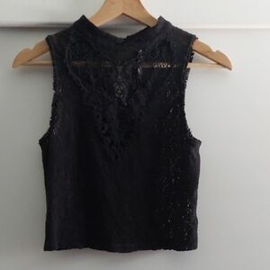 Free People Black Crochet Knit Cropped High Neck Top S
